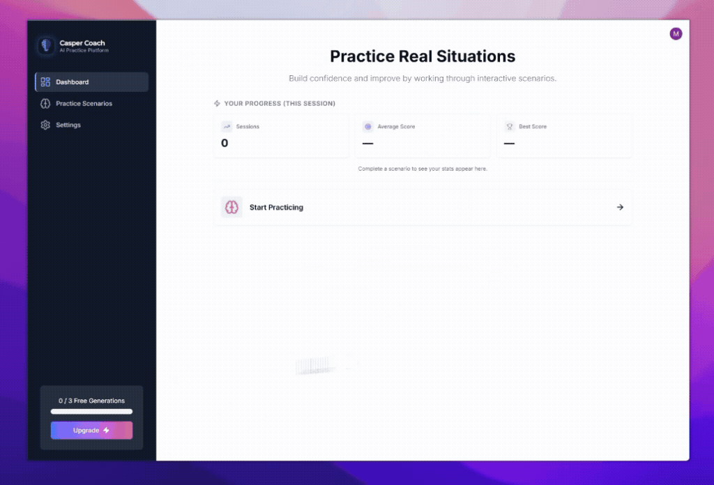 CASPer practice simulation — timed scenario with AI feedback